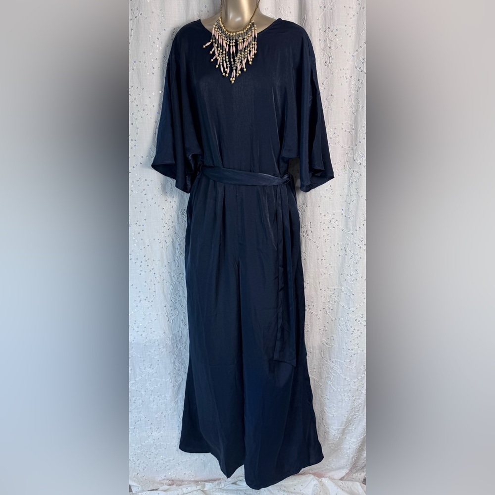 Ellos Satin Jumpsuit – Deep Blue Minimalist Glam (Size 14)